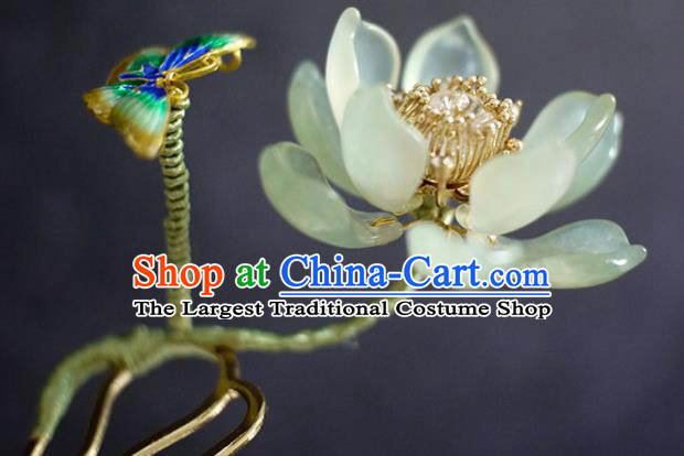 Chinese Ancient Young Beauty Jade Lotus Hairpin Traditional Ming Dynasty Cloisonne Butterfly Hair Comb