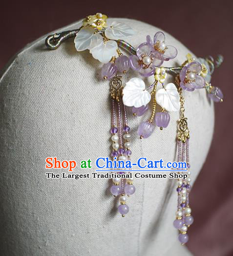 Chinese Ancient Palace Lady Shell Leaf Tassel Hairpin Traditional Song Dynasty Amethyst Flowers Hair Stick