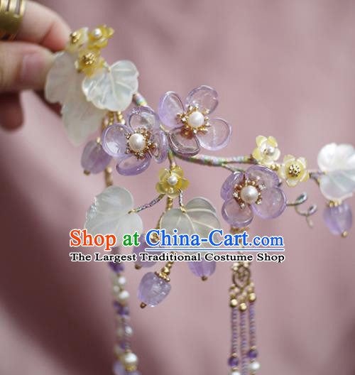 Chinese Ancient Palace Lady Shell Leaf Tassel Hairpin Traditional Song Dynasty Amethyst Flowers Hair Stick