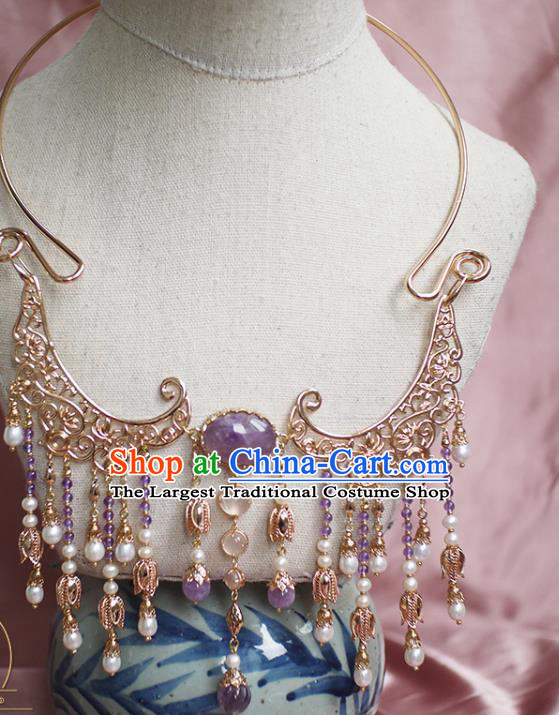 Chinese Traditional Ming Dynasty Pearls Tassel Necklace Accessories Ancient Princess Amethyst Necklet