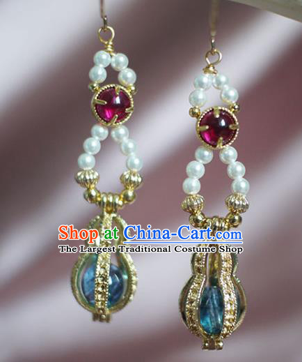 China Handmade Pearls Earrings Traditional Ming Dynasty Empress Golden Gourd Ear Jewelry
