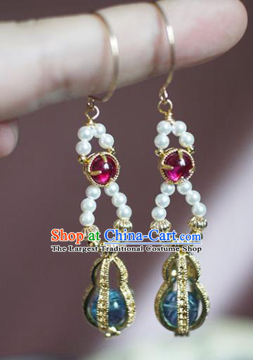 China Handmade Pearls Earrings Traditional Ming Dynasty Empress Golden Gourd Ear Jewelry