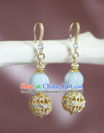 China Traditional Ming Dynasty Court Woman Golden Ear Jewelry Handmade Jadeite Earrings