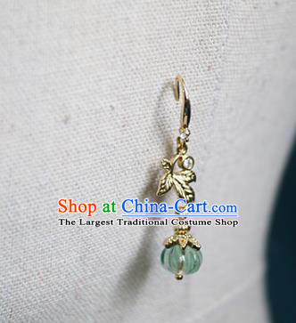 China Handmade Green Pumpkin Earrings Traditional Ming Dynasty Princess Golden Leaf Ear Jewelry
