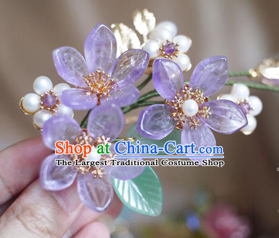 Chinese Ancient Princess Amethyst Grandiflorum Hairpin Traditional Ming Dynasty Pearls Hair Stick