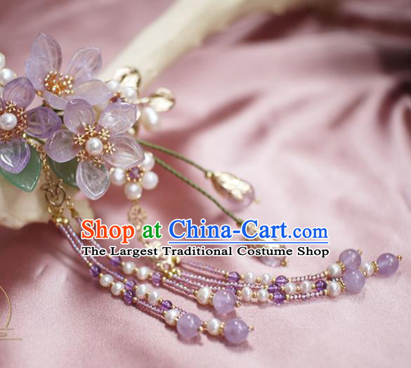 Chinese Ancient Princess Purple Tassel Hairpin Traditional Ming Dynasty Amethyst Grandiflorum Hair Stick