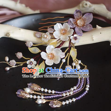 Chinese Ancient Princess Purple Tassel Hairpin Traditional Ming Dynasty Amethyst Grandiflorum Hair Stick