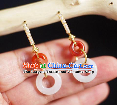 China Handmade Agate Earrings Traditional Cheongsam Jade Peace Buckle Ear Jewelry