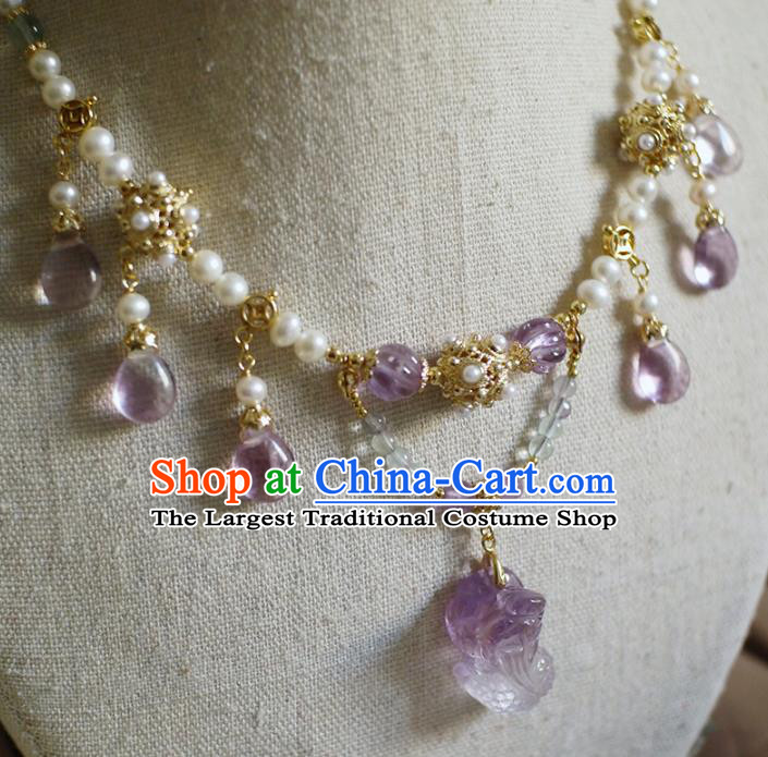 Chinese Traditional Hanfu Pearls Necklace Jewelry Ancient Ming Dynasty Princess Amethyst Necklet
