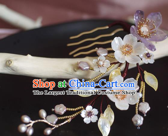 Chinese Ancient Princess Shell Flowers Hairpin Traditional Ming Dynasty Tassel Hair Comb
