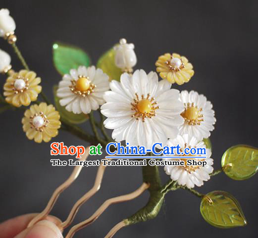 Chinese Ancient Palace Lady Pearls Hairpin Traditional Ming Dynasty Shell Daisy Hair Comb