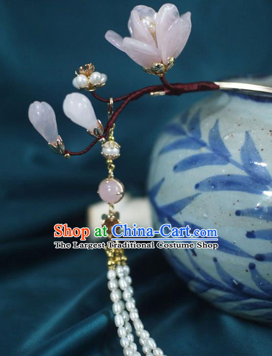 Chinese Ancient Court Beauty Rose Quartz Mangnolia Hairpin Traditional Ming Dynasty Pearls Tassel Hair Stick