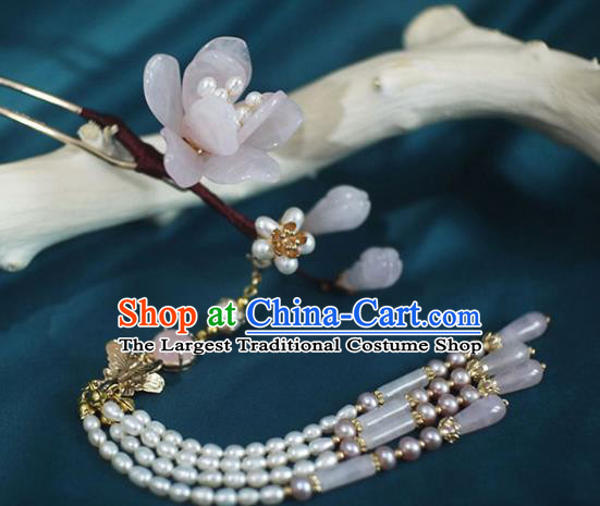 Chinese Ancient Court Beauty Rose Quartz Mangnolia Hairpin Traditional Ming Dynasty Pearls Tassel Hair Stick