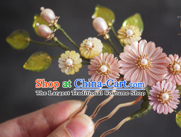 Chinese Ancient Princess Pearls Hairpin Traditional Ming Dynasty Pink Shell Daisy Hair Comb