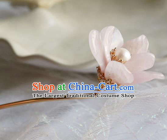 Chinese Ancient Young Beauty Hairpin Traditional Ming Dynasty Rose Quartz Mangnolia Hair Stick
