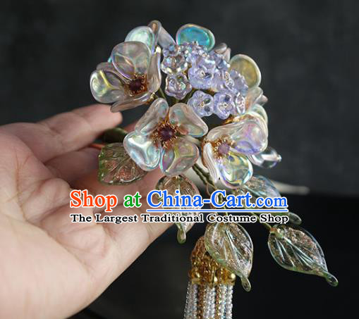 Chinese Traditional Ming Dynasty Blue Hydrangea Hair Stick Ancient Imperial Concubine Beads Tassel Hairpin