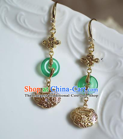 China Handmade Jade Peace Buckle Earrings Traditional Ming Dynasty Golden Lock Ear Jewelry