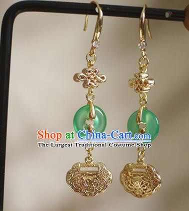China Handmade Jade Peace Buckle Earrings Traditional Ming Dynasty Golden Lock Ear Jewelry