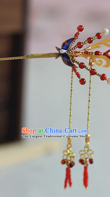 Chinese Traditional Ming Dynasty Butterfly Hair Stick Ancient Palace Lady Red Beads Tassel Hairpin