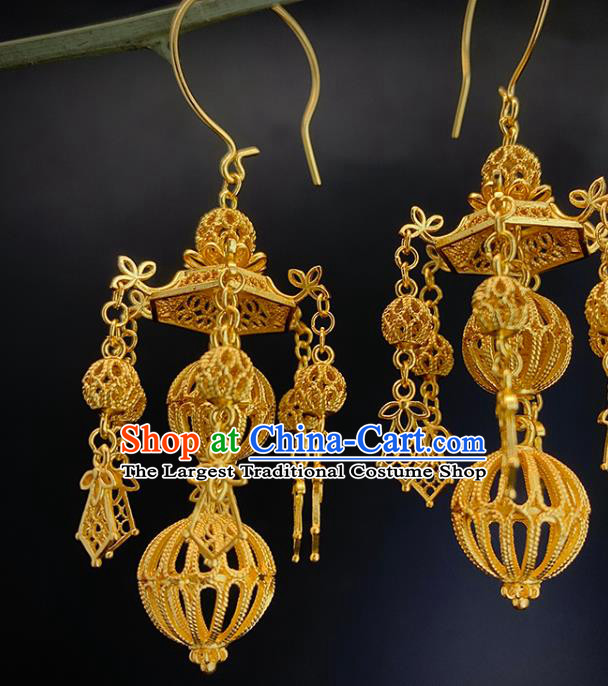 China Handmade Ancient Empress Earrings Traditional Ming Dynasty Golden Lantern Ear Jewelry