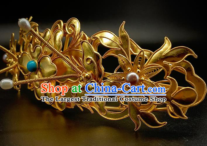 Chinese Ancient Imperial Concubine Golden Butterfly Hair Crown Traditional Ming Dynasty Court Hair Accessories