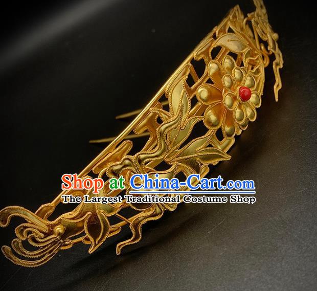 Chinese Traditional Ming Dynasty Court Hair Accessories Ancient Imperial Concubine Golden Peony Hair Crown