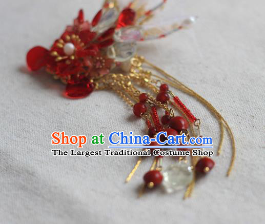 Chinese Ancient Young Beauty Beads Phoenix Hairpin Traditional Ming Dynasty Red Flowers Hair Claw