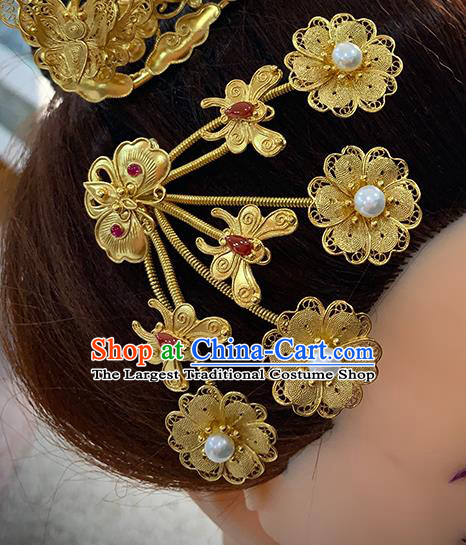 Chinese Traditional Ming Dynasty Wedding Pearls Hairpin Ancient Empress Golden Butterfly Hair Stick