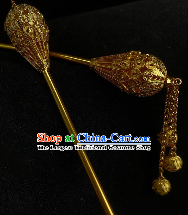 Chinese Ancient Court Woman Hair Stick Traditional Ming Dynasty Golden Lotus Tassel Hairpin