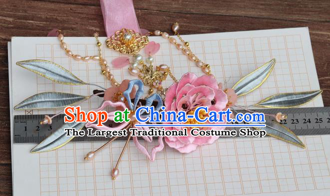 Chinese Ancient Young Beauty Ribbon Tassel Hairpin Traditional Ming Dynasty Princess Pink Silk Peony Hair Claw