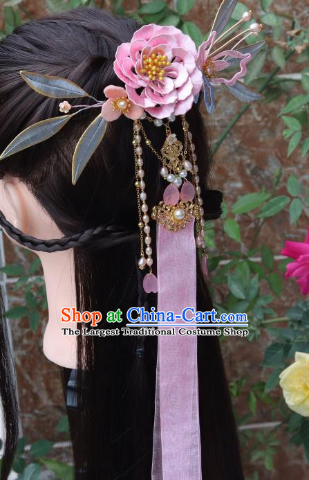 Chinese Ancient Young Beauty Ribbon Tassel Hairpin Traditional Ming Dynasty Princess Pink Silk Peony Hair Claw