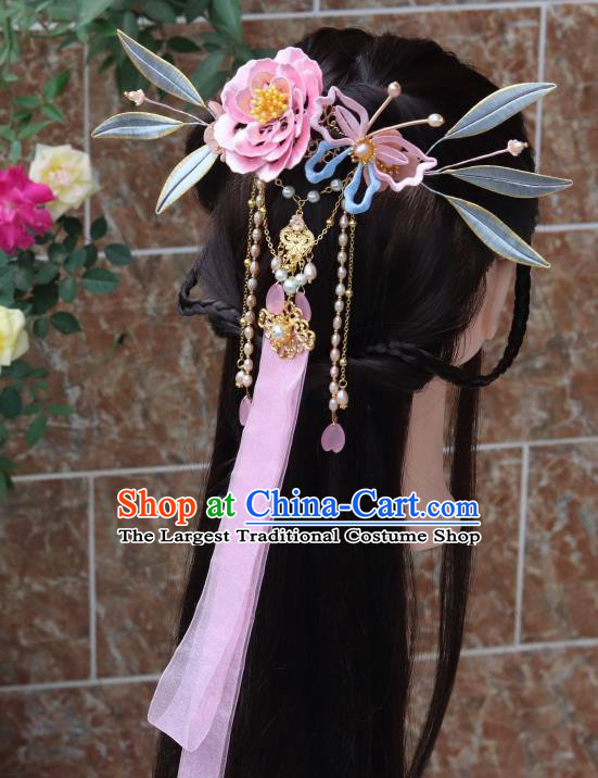Chinese Ancient Young Beauty Ribbon Tassel Hairpin Traditional Ming Dynasty Princess Pink Silk Peony Hair Claw