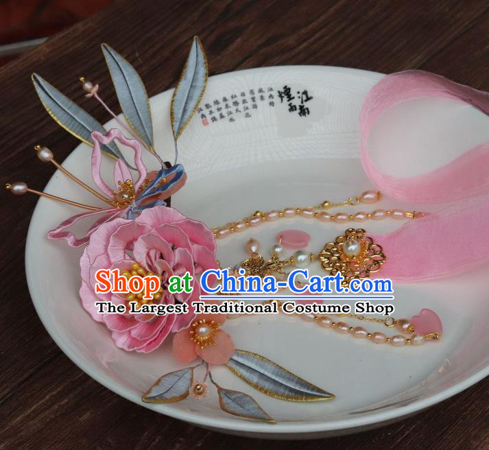 Chinese Ancient Young Beauty Ribbon Tassel Hairpin Traditional Ming Dynasty Princess Pink Silk Peony Hair Claw