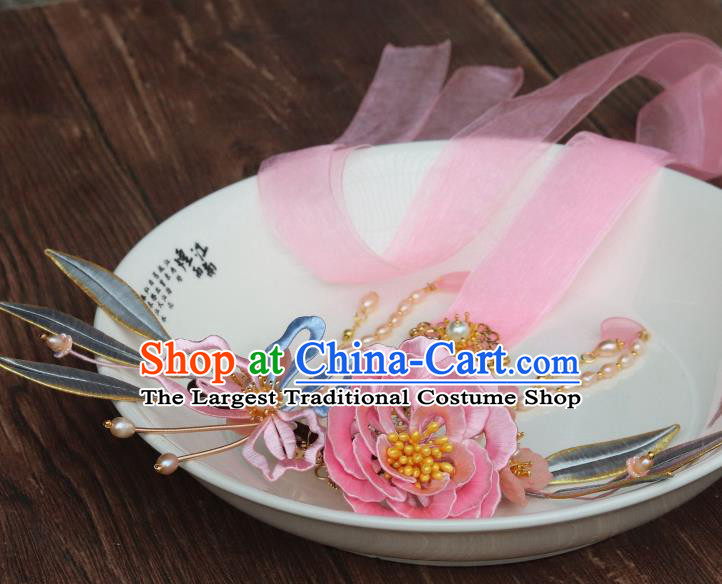 Chinese Ancient Young Beauty Ribbon Tassel Hairpin Traditional Ming Dynasty Princess Pink Silk Peony Hair Claw
