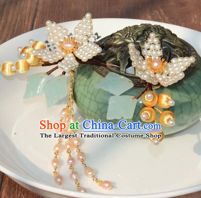 Chinese Ancient Palace Lady Peach Blossom Hairpin Traditional Ming Dynasty Princess Pearls Tassel Hair Stick