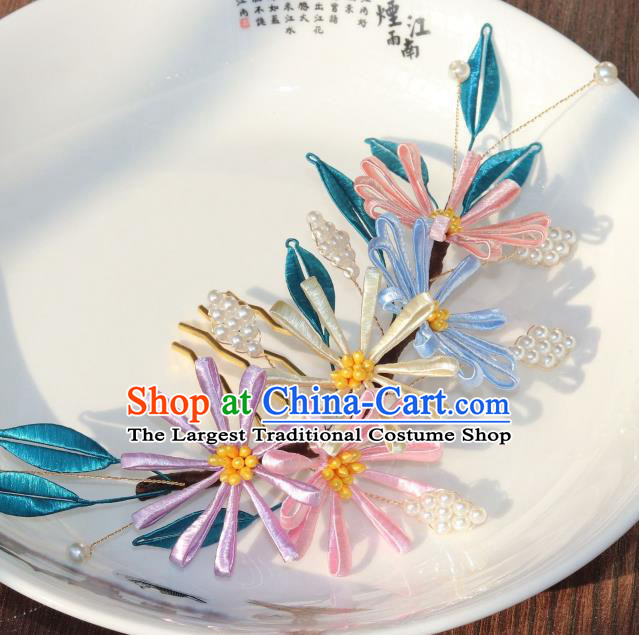 Chinese Ancient Princess Pearls Hairpin Traditional Song Dynasty Silk Chrysanthemum Hair Comb