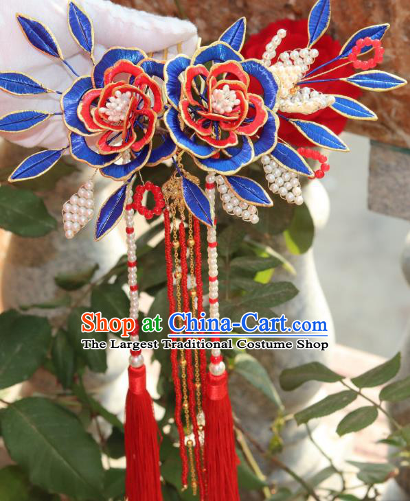 Chinese Ancient Court Lady Royalblue Silk Peony Hairpin Traditional Ming Dynasty Princess Red Tassel Hair Comb