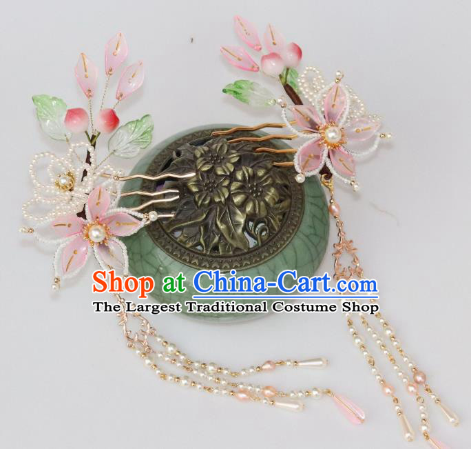 Chinese Ancient Noble Lady Pearls Tassel Hairpin Traditional Ming Dynasty Princess Peach Blossom Hair Comb