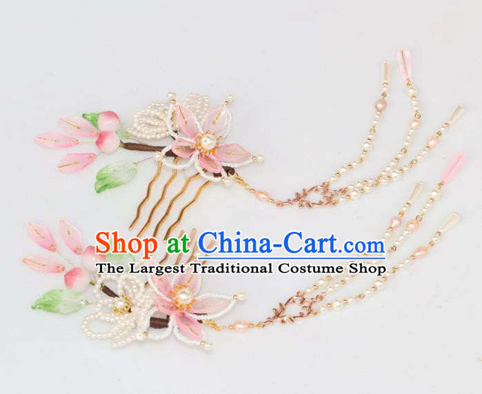 Chinese Ancient Noble Lady Pearls Tassel Hairpin Traditional Ming Dynasty Princess Peach Blossom Hair Comb