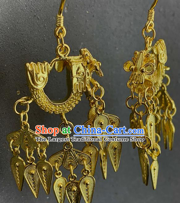 China Handmade Ancient Queen Earrings Traditional Ming Dynasty Golden Dragon Head Ear Jewelry