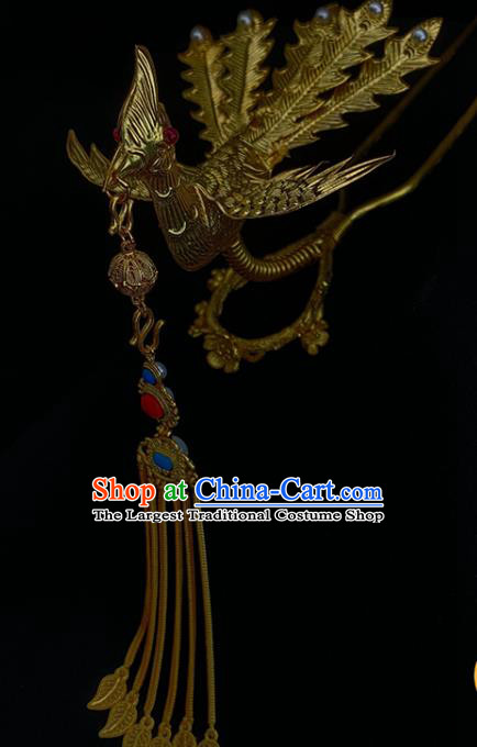 Chinese Ancient Queen Tassel Hair Stick Traditional Ming Dynasty Empress Golden Phoenix Hairpin