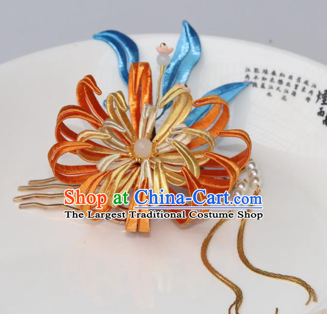 Chinese Ancient Infanta Golden Tassel Hairpin Traditional Ming Dynasty Princess Orange Silk Chrysanthemum Hair Comb