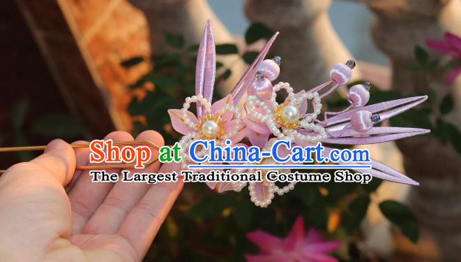 Chinese Ancient Princess Pearls Peach Blossom Hair Stick Traditional Ming Dynasty Lilac Silk Bamboo Leaf Hairpin