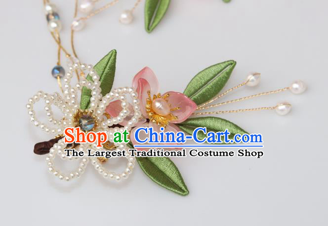 Chinese Ancient Princess Pearls Flower Hairpin Traditional Ming Dynasty Tassel Hair Claw