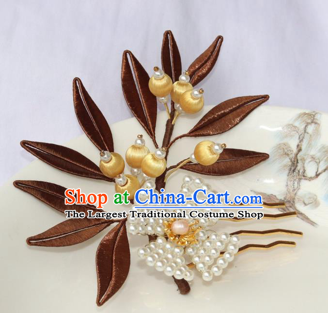 Chinese Ancient Young Lady Pearls Hairpin Traditional Ming Dynasty Brown Silk Leaf Hair Comb