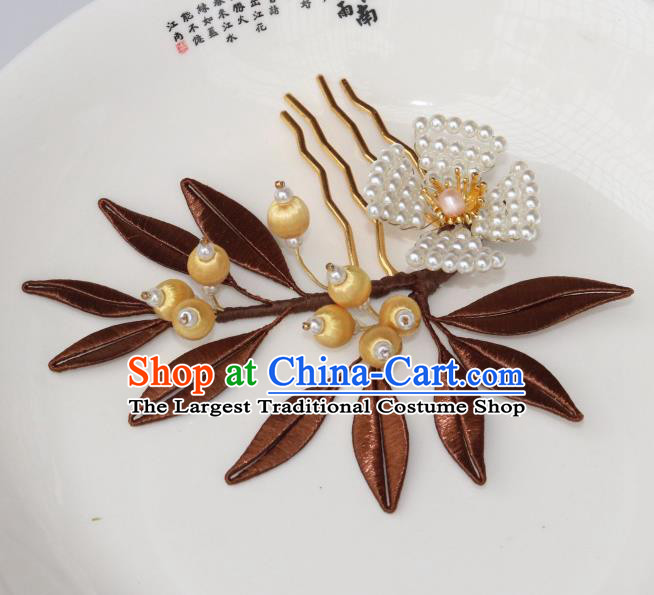Chinese Ancient Young Lady Pearls Hairpin Traditional Ming Dynasty Brown Silk Leaf Hair Comb