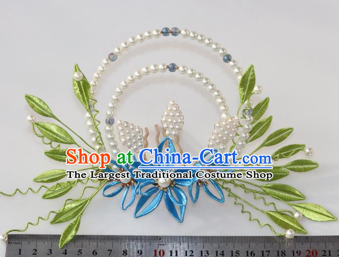 Chinese Ancient Hanfu Pearls Hair Comb Traditional Ming Dynasty Blue Silk Flowers Hair Crown
