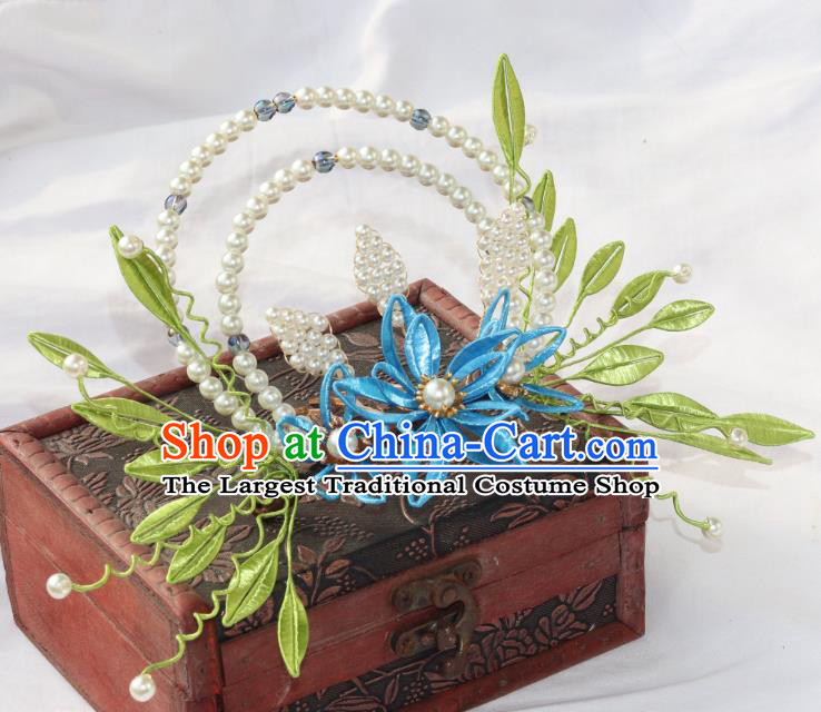 Chinese Ancient Hanfu Pearls Hair Comb Traditional Ming Dynasty Blue Silk Flowers Hair Crown