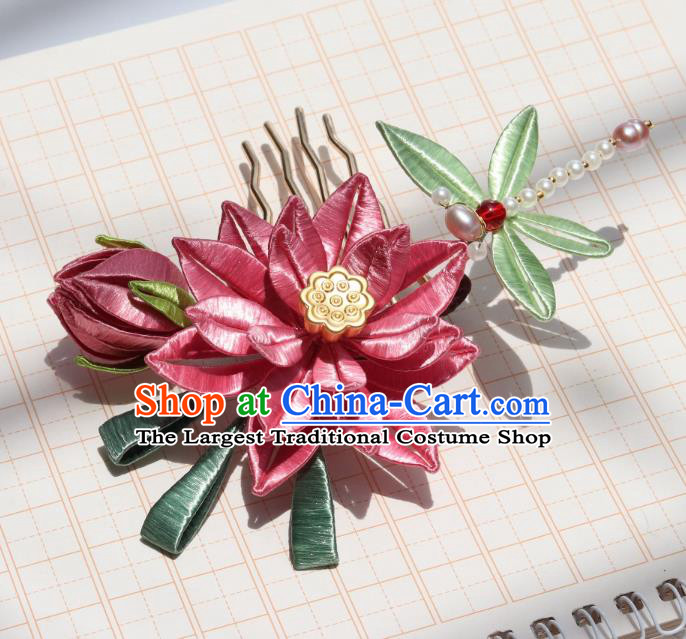 Chinese Handmade Pearls Dragonfly Hairpin Hair Accessories Ancient Palace Princess Pink Silk Lotus Hair Comb
