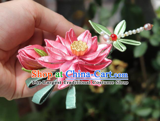 Chinese Handmade Pearls Dragonfly Hairpin Hair Accessories Ancient Palace Princess Pink Silk Lotus Hair Comb